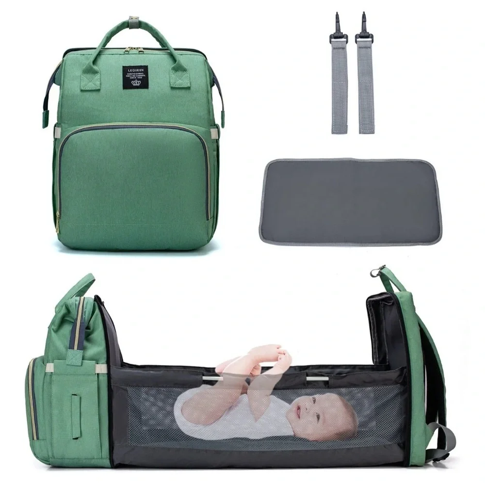 LEQUEEN Baby Diaper Bag Waterproof Backpack Portable Crib Changing Station EUC.